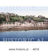 Historical Photochrom of the Beach and Leas Cliff Lift in Folkestone Kent England by Al