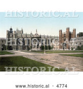 Historical Photochrom of the Great Court and Fountain and Great Gate at Trinity College, Cambridge, Cambridgeshire, England, UK by Al
