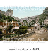 Historical Photochrom of the Lion Rock Cliffs and Village Buildings of Cheddar, England by Al