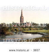 Historical Photochrom of the Salisbury Cathedral on the River Nadder in Salisbury Wiltshire England UK by Al