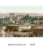 Historical Photochrom of the Temple of Jupiter and Acropolis of Baalbek, Lebanon by Al