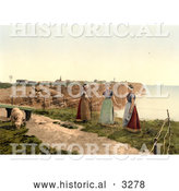 Historical Photochrom of Three Women by a Cliff with a Goat, Heligoland, Germany by Al