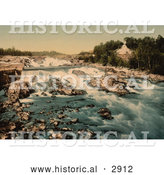 Historical Photochrom of Waterfalls and Rapids, Honefos, Ringerike, Norway by Al