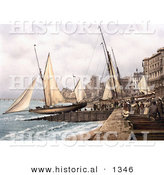 Historical Photochrom of Yachts and Waterfront Buildings in Hastings Sussex England by Al