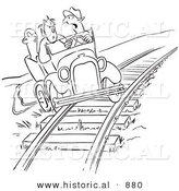 Historical Vector Cartoon of Late Employees Taking a Shortcut on the Railroad Tracks with an Old Car - Black and White Outlined Version by Al