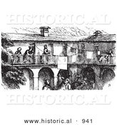 Historical Vector Illustration of a Busy Hotel Full of People - Black and White Version by Al