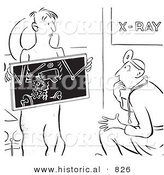 Historical Vector Illustration of a Cartoon Doctor Puzzled by a Patient X-Ray - Black and White Outlined Version by Al