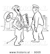 Historical Vector Illustration of a Cartoon Guard Staring at a Happy Man Carrying His Office Belongings - Black and White Outlined Version by Al