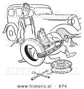 Historical Vector Illustration of a Cartoon Husband and Wife Struggling with Flat Car Tire Repair - Black and White Outlined Version by Al
