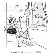 Historical Vector Illustration of a Cartoon Man Getting Ready for Work While His Wife Hands Him Lunch and His Creepy Car Pool Friend Waits for Him Outside - Outlined Version by Al
