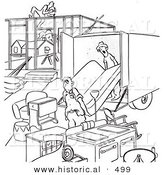 Historical Vector Illustration of a Cartoon Man Moving into an Unfinished House - Black and White Outlined Version by Al
