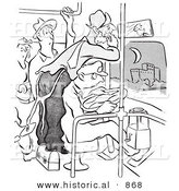 Historical Vector Illustration of a Cartoon Man Shaving While Riding on a Crowded Bus Full of People - Black and White Outlined Version by Al