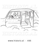 Historical Vector Illustration of a Cartoon Man Smoking a Cigar in a Car with the Door Open - Black and White Outlined Version by Al