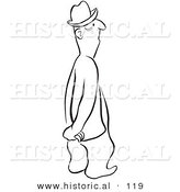 Historical Vector Illustration of a Cartoon Man Standing and Staring with His Hands Behind His Back - Black and White Outlined Version by Al