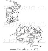 Historical Vector Illustration of a Cartoon Office Worker Hanging from a Window at a Meeting - Black and White Outlined Version by Al