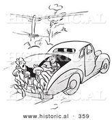 Historical Vector Illustration of a Cartoon People Riding in the Trunk of an Old Car - Outlined Version by Al