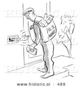 Historical Vector Illustration of a Cartoon Person Reaching out of a Mail Slot Towards a Postal Worker - Black and White Outlined Version by Al