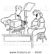 Historical Vector Illustration of a Cartoon Photographer Photographing a Happy Female Worker with an Old Fashioned Camera - Black and White Outlined Version by Al