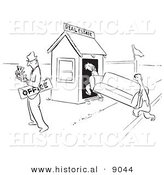 Historical Vector Illustration of a Cartoon Real Estate Agent Counting Cash After Selling His Office to a Client - Black and White Outlined Version by Al