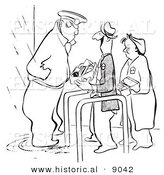 Historical Vector Illustration of a Cartoon Security Guard Inspecting a Happy Person's Lunch Box at an Entrance - Black and White Outlined Version by Al