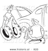 Historical Vector Illustration of a Cartoon Wife Trying to Help Her Husband Fix a Car with Flat Tires - Black and White Outlined Version by Al