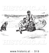 Historical Vector Illustration of a Couple with Dog on a Beach - Black and White Version by Al