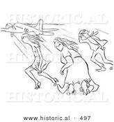 Historical Vector Illustration of a Creative Cartoon Woman Happily Wearing a Dress and Walking Through Strong Gusts of Wind While Others Struggle - Black and White Outlined Version by Al