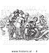 Historical Vector Illustration of a Crowd of Beggars and a Foreigner - Black and White Version by Al