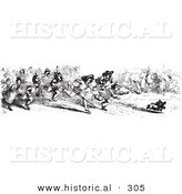 Historical Vector Illustration of a Crowd of People Chasing a Thieving Dog That Stole Sausage - Black and White Version by Al