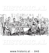 Historical Vector Illustration of a Crowd of People Dining at a Table - Black and White Version by Al