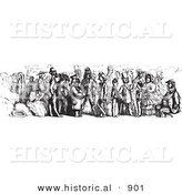 Historical Vector Illustration of a Crowd of People Riding on a Rhine Boat - Black and White Version by Al