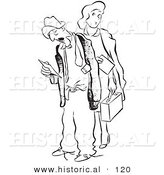 Historical Vector Illustration of a Curious Cartoon Woman Standing Behind a Tired Worker Man Looking at His Time Sheet - Black and White Outlined Version by Al