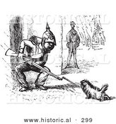 Historical Vector Illustration of a Dog Challenging a Soldier with a Rifle - Black and White Version by Al