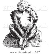 Historical Vector Illustration of a Fantasy Ape Creature Sitting and Staring - Black and White Version by Al