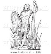 Historical Vector Illustration of a Fantasy Savage Hairy Man Creature - Black and White Version by Al