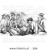 Historical Vector Illustration of a Group of People on a Boat - Black and White Version by Al
