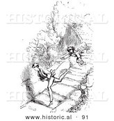 Historical Vector Illustration of a Guard Dog Chasing Men Running Fast - Black and White Version by Al