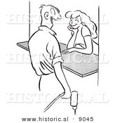 Historical Vector Illustration of a Happy Cartoon Male Worker Flirting with an Attractive Girl Behind a Counter - Black and White Outlined Version by Al