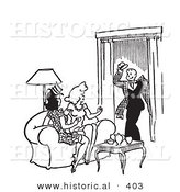 Historical Vector Illustration of a Happy Cartoon Man Greeting Two Young Ladies Sitting on a Couch in a Living Room in - Black and White Version by Al