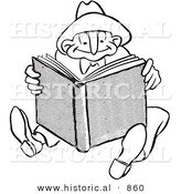 Historical Vector Illustration of a Happy Cartoon Man Reading a Book - Black and White Outlined Version by Al