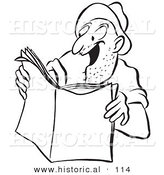 Historical Vector Illustration of a Happy Cartoon Man Reading an Exciting Story in a Magazine - Black and White Outlined Version by Al