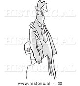 Historical Vector Illustration of a Happy Cartoon Man with a Lunch Box and Paperwork - Black and White Version by Al