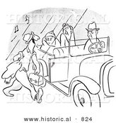 Historical Vector Illustration of a Happy Cartoon Morning Person Getting a Ride to Work with a Car Full of Grumpy People - Black and White Outlined Version by Al