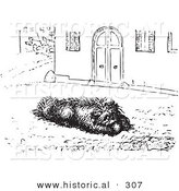 Historical Vector Illustration of a Happy Dog Eating Sausage - Black and White Version by Al