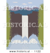 Historical Vector Illustration of a Large Waterfall over Cliff with Mountains in the Distance by Al