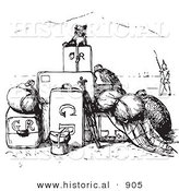 Historical Vector Illustration of a Little Dog Sitting on a Pile of Luggage - Black and White Version by Al
