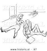 Historical Vector Illustration of a Mad Man and Woman After Tripping over a Play Toy Rolling on the Floor - Black and White Version by Al