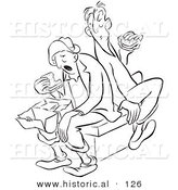 Historical Vector Illustration of a Male Cartoon Workers Eating Sandwiches for Lunch - Black and White Outlined Version by Al