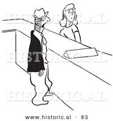 Historical Vector Illustration of a Man and Woman Standing at Help Desk - Black and White Version by Al
