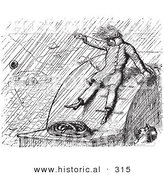 Historical Vector Illustration of a Man Taking Cover While on a River Boat in a Heavy Rain Storm - Black and White Version by Al